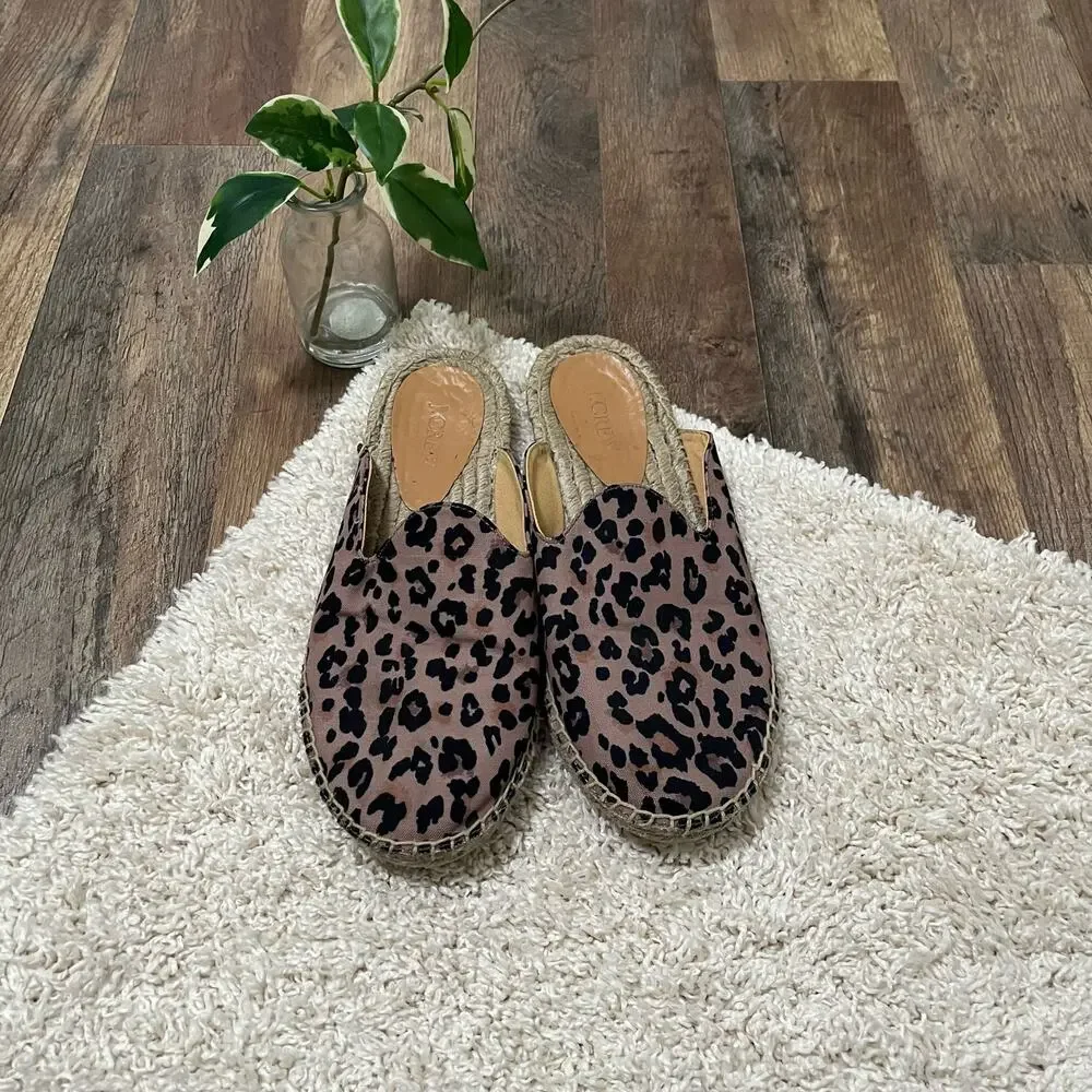 J.crew Size 9 Brown Black Leopard Print Canvas Slip-On Espadrille Mule Flats